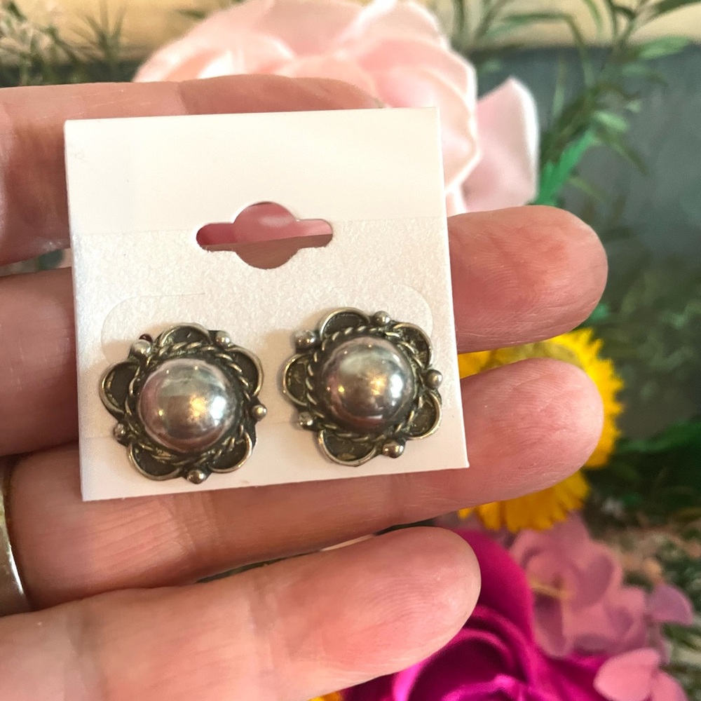 Sterling Silver 925 Stamped Denmark Floral Earrings Vintage
